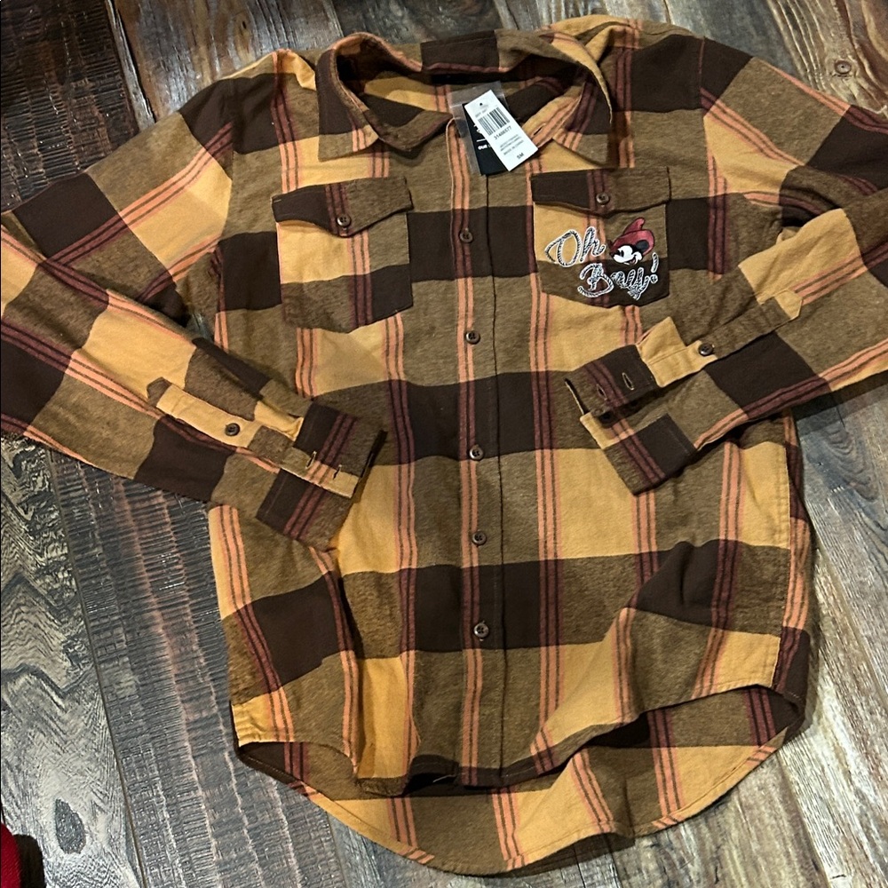 Disney Western brown plaid flannel Mickey & Friends l/s button shirt size S NWT